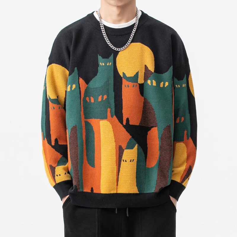 Original Homemade Japanese Style Fashion Brand Creative Cat Pattern Round Neck Sweater Men's Autum Loose Top Trendy Casual Versatile