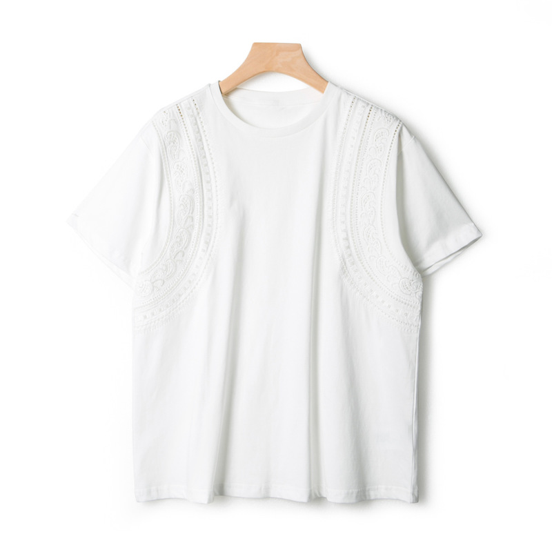 Lace Hollow Out 26 Spring/Summer Heavy Beaded Short Sleeve T-Shirt Versatile Casual Lace Hollow Out 26 Spring/Summer Heavy Beaded Short Sleeve T-Shirt Versatile Casual