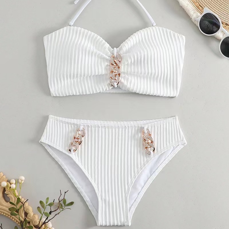 245g Weight Mid Waist Panties Waist Briefs Panties Style Halter Placket Type Bra&Panty Set Bra Category Nylon, Polyester Fabric Type 2 Pieces Set Quantity Swimming Pool, Beach Occasion Stripe, Solid Color Pattern Full Coverage Bra Cup Women's Gender Women's Stripe Solid Color 2 Pieces Set Bikinis Swimwear 12