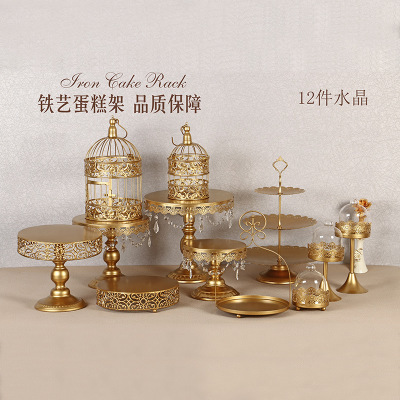 Decoración de mesa de postres de boda de oro, estante de pastel europeo, propósitos de boda, bandeja de pastel de encaje, estante de refrigerio de hierro forjado, 12 juegos