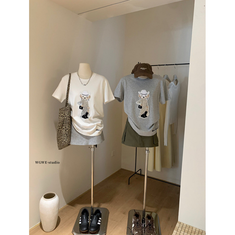 熹凤梨WGWE卡通手工刺绣短袖T恤女2025夏季新款宽松休闲百搭上衣