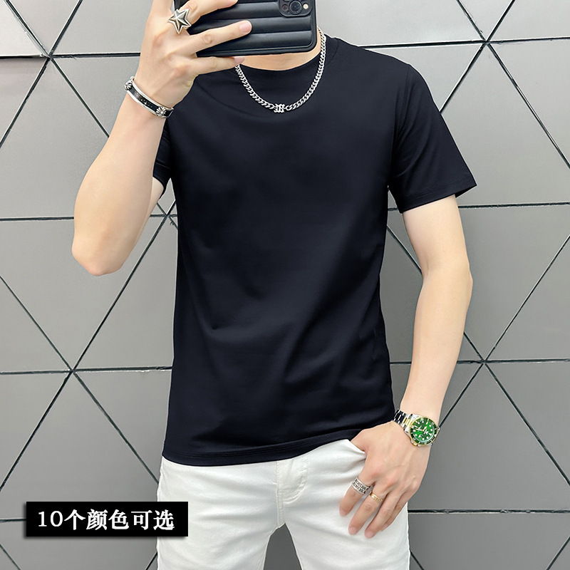 2025 Summer Black White Trendy Brand Pure Color Short-Sleeved T-Shirt Men's Versatile Slim Stretch Mercerized Cotton Round Neck T-Shirt Men