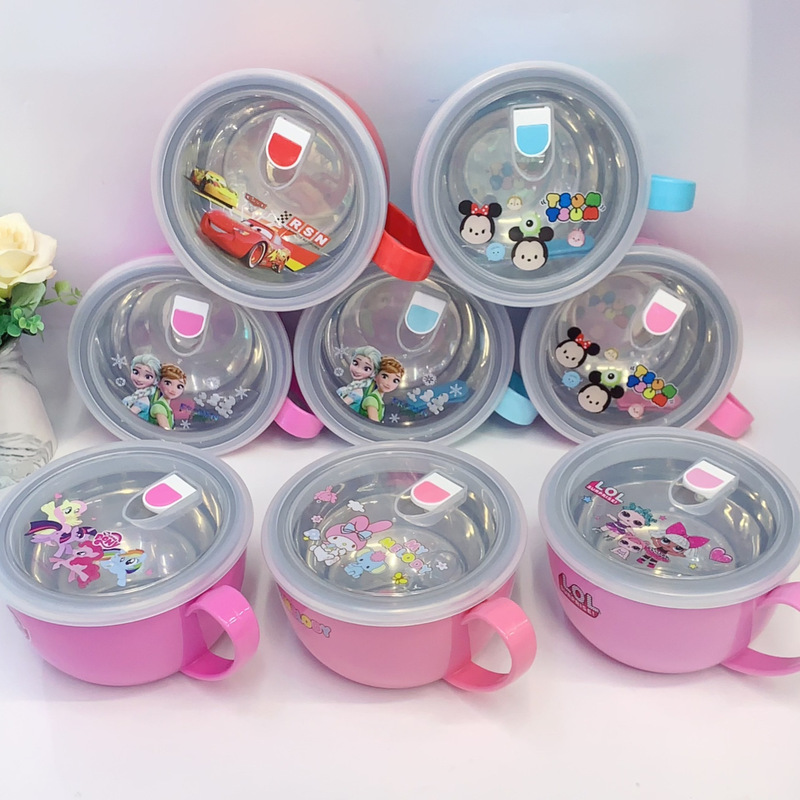 Cute cartoon children's bowl stainless steel instant noodle bowl handle deepening insulation bowl sealing tape cover with fork fruit box