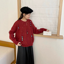 红色重工亮片毛衣女装秋季新款欧洲站韩系时尚气质百搭减龄针织衫