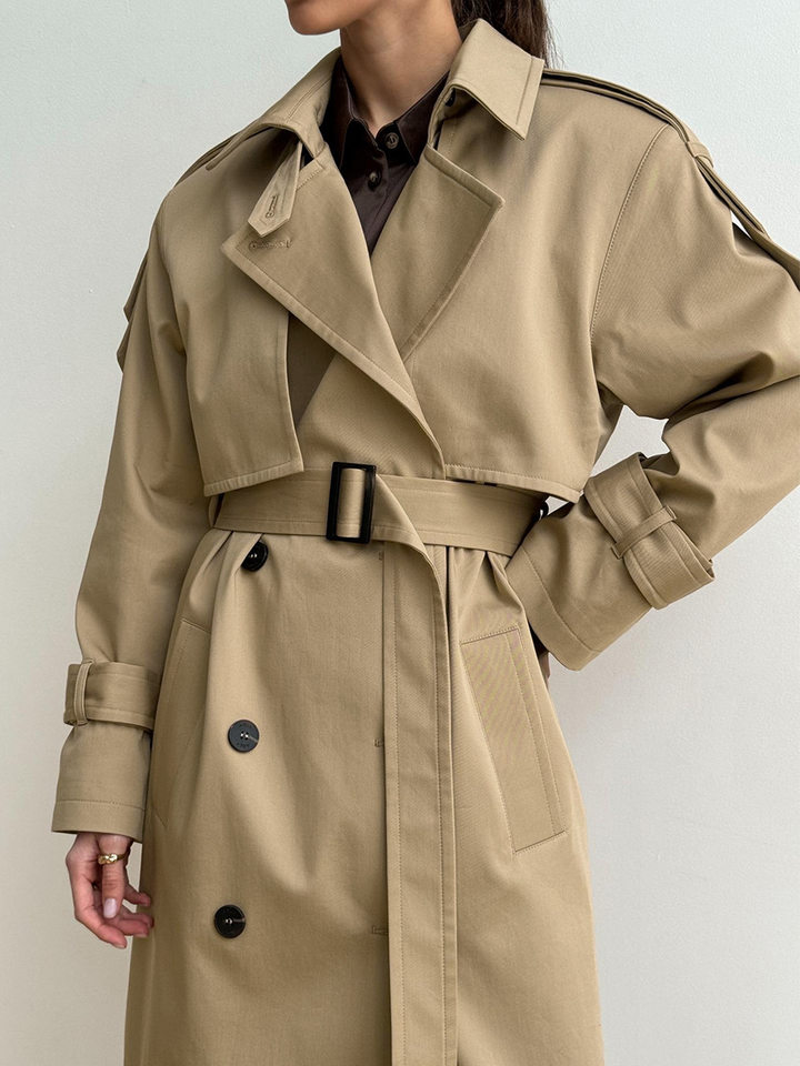 Áo khoác trench coat nữ dáng dài phong cách Âu Mỹ, chất liệu cotton, form rộng có dây thắt eo — Màu kaki, màu xám chi tiết 32