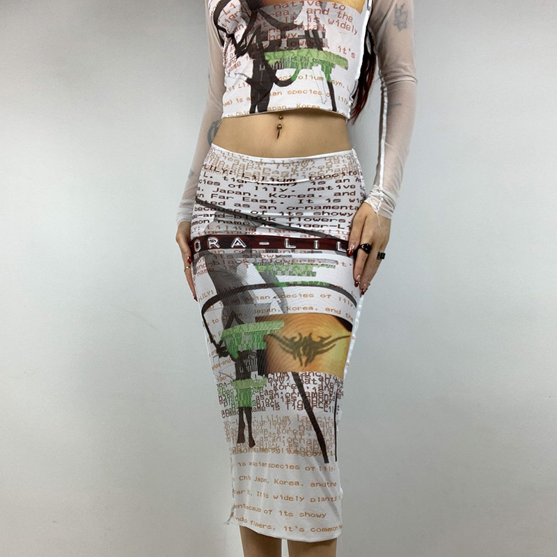 Round Neck Long-Sleeved Printed Top Low-Waist Long Skirt Set NSSWF105138