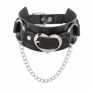 European and American Punk Personality O-Peach Heart-shaped Leather Collar Double-layer Chain Choker Necklace Necklace with Collarbone Necklace