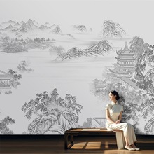 2025壁纸新中式亭台楼阁电视背景墙壁布客厅墙纸沙发装饰墙布壁画