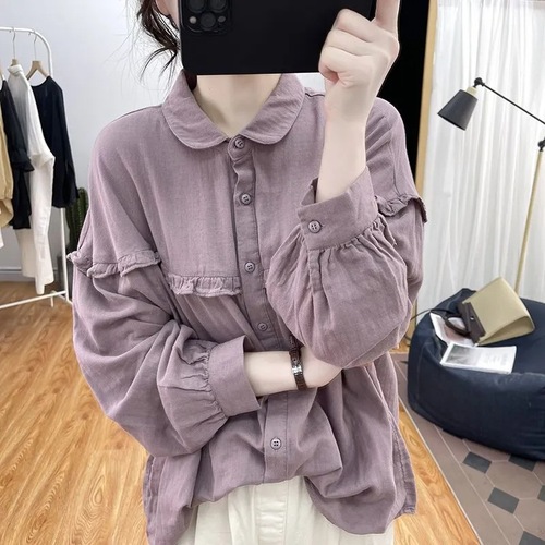 Cotton Lantern Sleeve Women's Spring and Autumn Lotus Edge Long Sleeve Youthful Yuanbao Collar Top Retro Base Button Blouse
