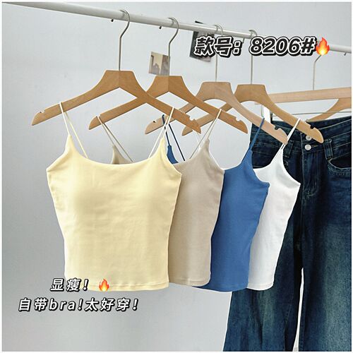 8206 #Spring and summer pure color simple all-match thin shoulder strap beautiful back top base with chest pad pullover sling vest