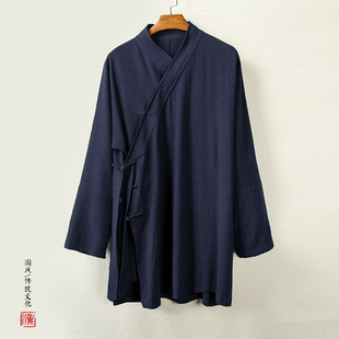 Chinese style men's Han element meditation monk cotton linen mid-length trench coat spring and autumn men's retro traditional robe