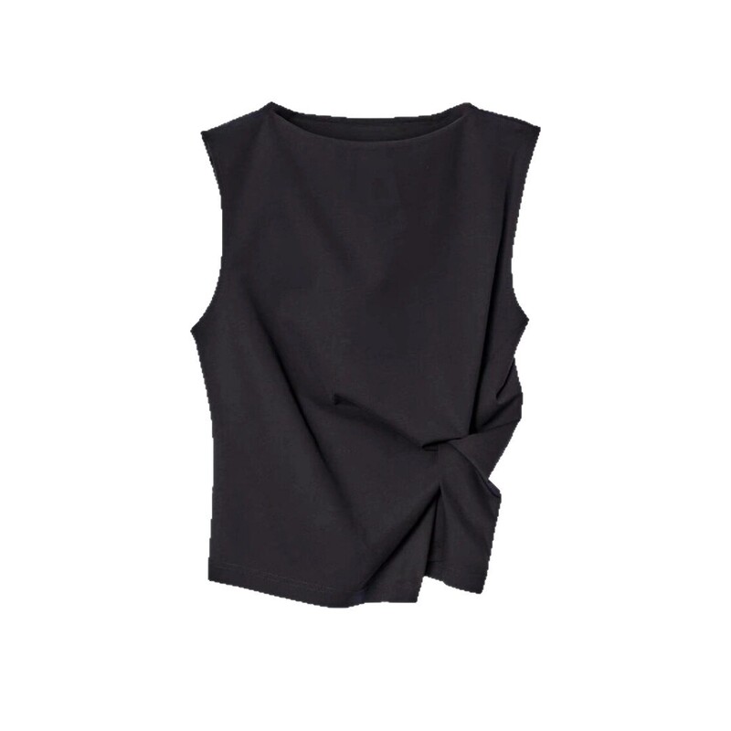 COS Style Women's Summer New All-match Fashionable Slim-fit Boat Collar Grab Pleated Vest Black Top