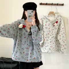 美式满印kt连帽卫衣外套灰色拉链开衫卫衣女春秋宽松oversize外套