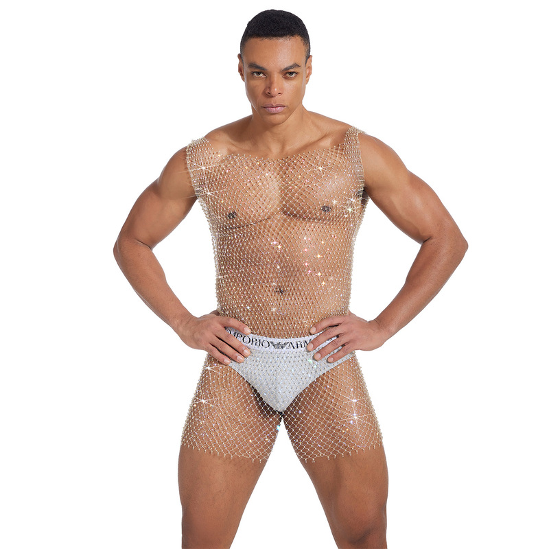 Cross-border European and American Party Costume Women's Fishing Net Flash Diamond Skirt Shiny Hollow Sexy Men's and Women's Perspective Blouse dress