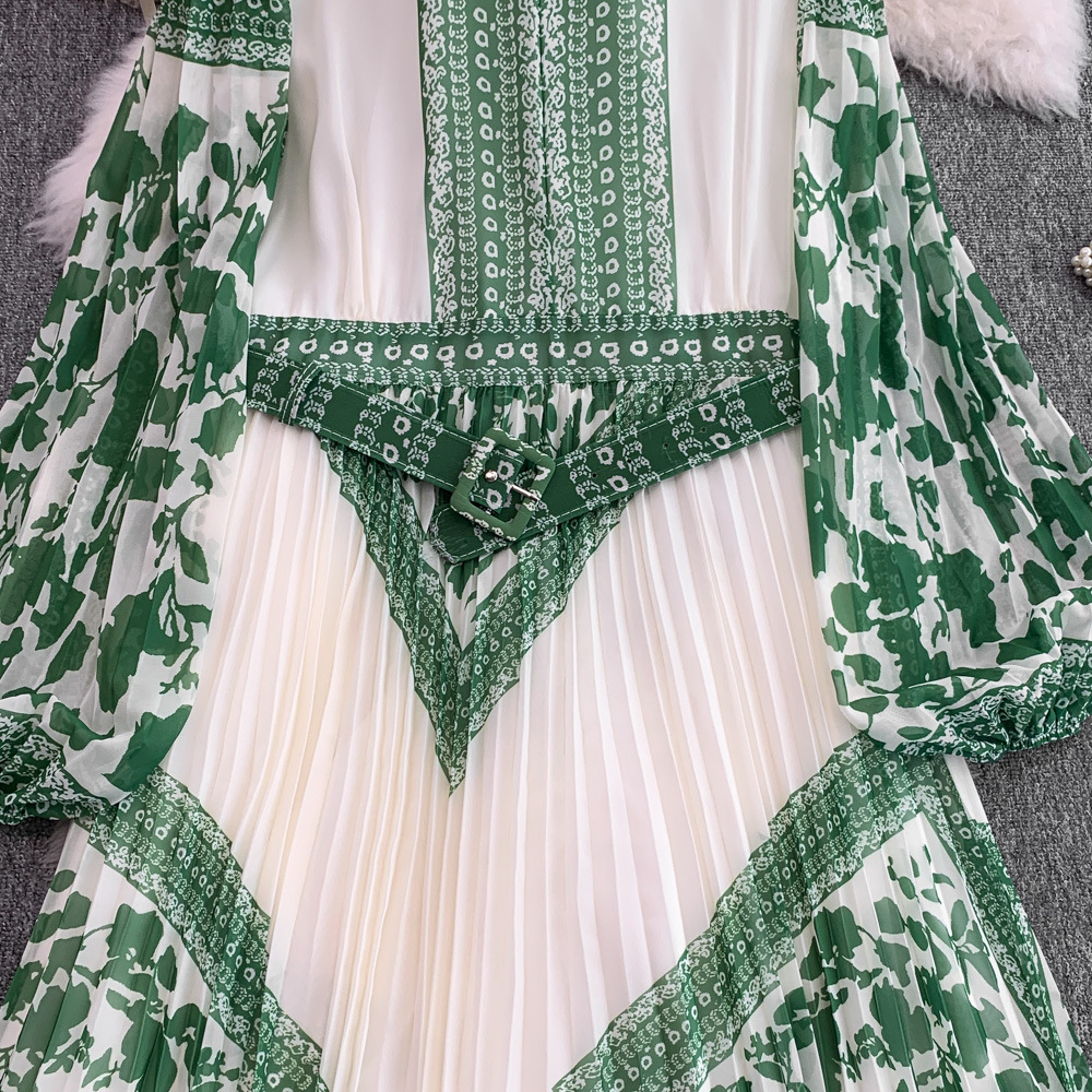 Retro Printed Dress With Stand Collar And Lantern Sleeves_voghion.com