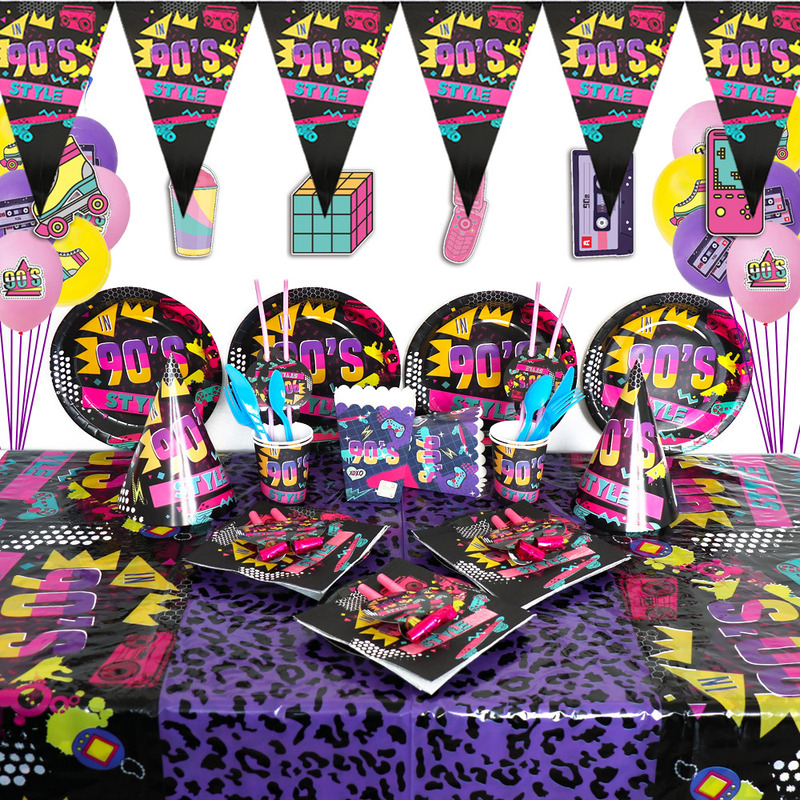 Cross-border New 90 s Theme Birthday Party Decoration Disposable Paper Tray Paper Cup Paper Towel Flag Party Supplies