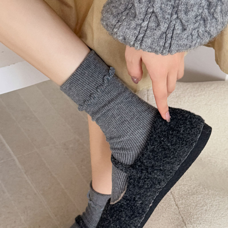花边羊绒袜子女中筒袜秋冬季加厚保暖堆堆袜可翻边无骨长袜配勃肯|undefined