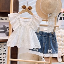Ancorelala2025女童夏季新款可爱蕾丝娃娃衫上衣加牛仔短裤两件套