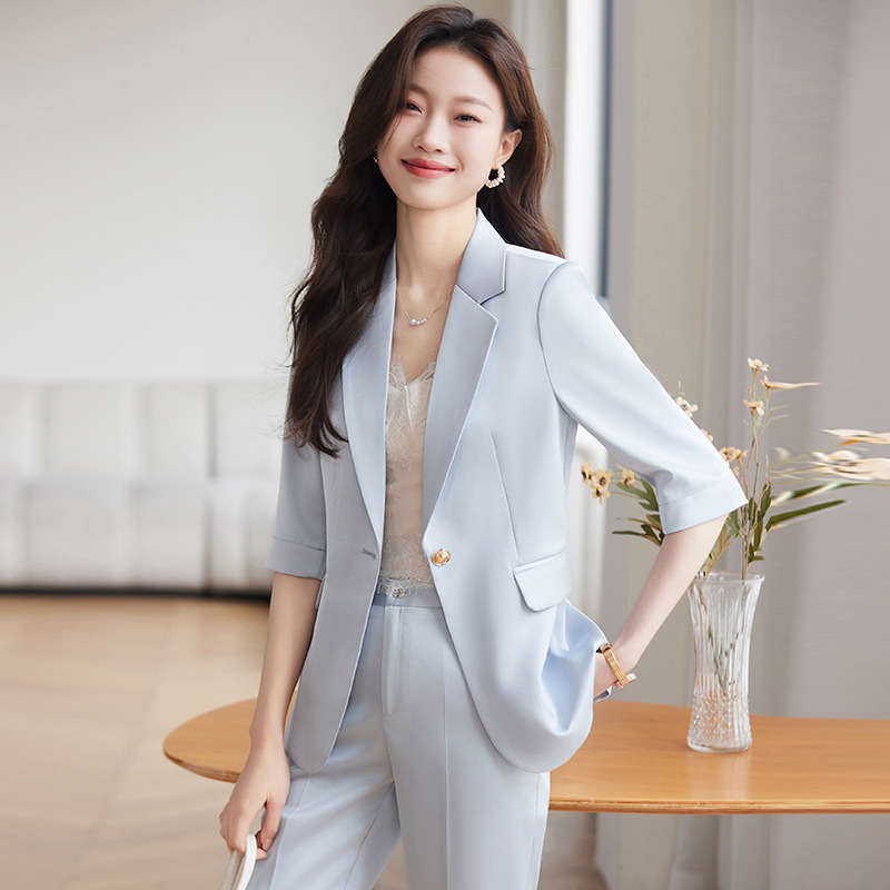 [Foreign Trade Hot Item] Light Blue Small Blazer Suit for Women 2026 Spring/Summer Thin Casual Mid-Sleeve Blazer Jacket for Women