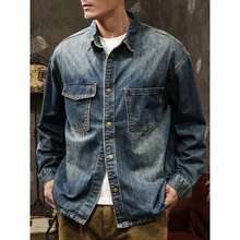 美式复古牛仔赛络纺长袖衬衫外套男春秋季宽松潮牌工装村衣服夹克