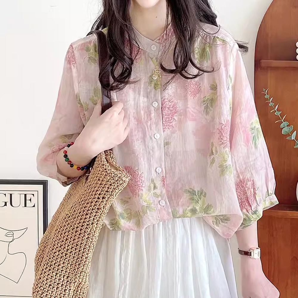 Doll Shirt Top Women's Summer Ramie Printed Shirt Loose Artistic Sweet Crewneck Middle Sleeve Peony Floral Ramie