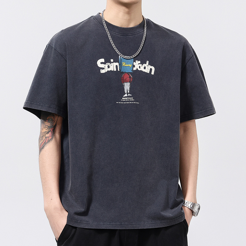 Washed Old Heavy Cotton T-shirt Men's Summer American Style Trendy Brand Printed plus size Loose Short-sleeved Base Top Washed Old Heavy Cotton T-shirt Men's Summer American Style Trendy Brand Printed plus size Loose Short-sleeved Base Top