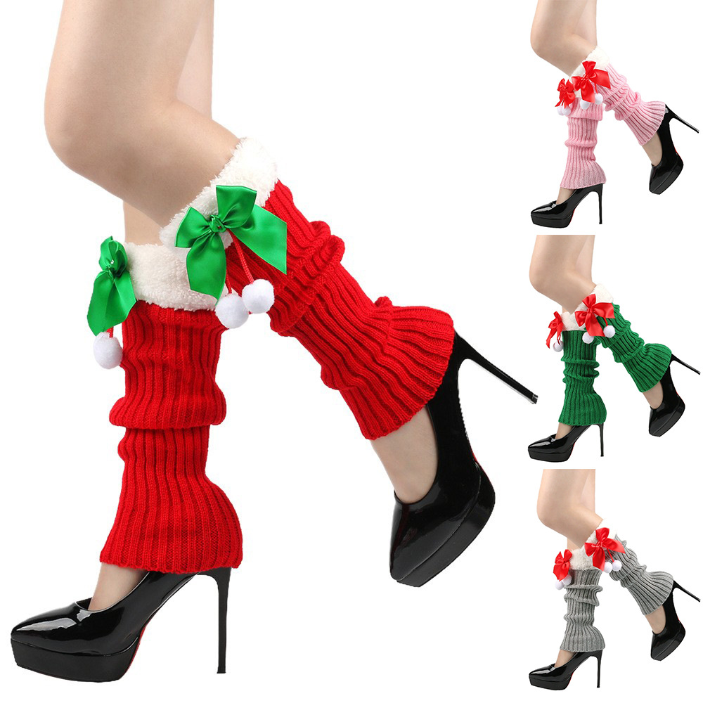 Filato con nodo a farfalla con calze di Natale di peluche per donna, calzini caldi in pile lavorato a maglia, protezioni per le gambe, calzini di lana per la bocca_voghion.com