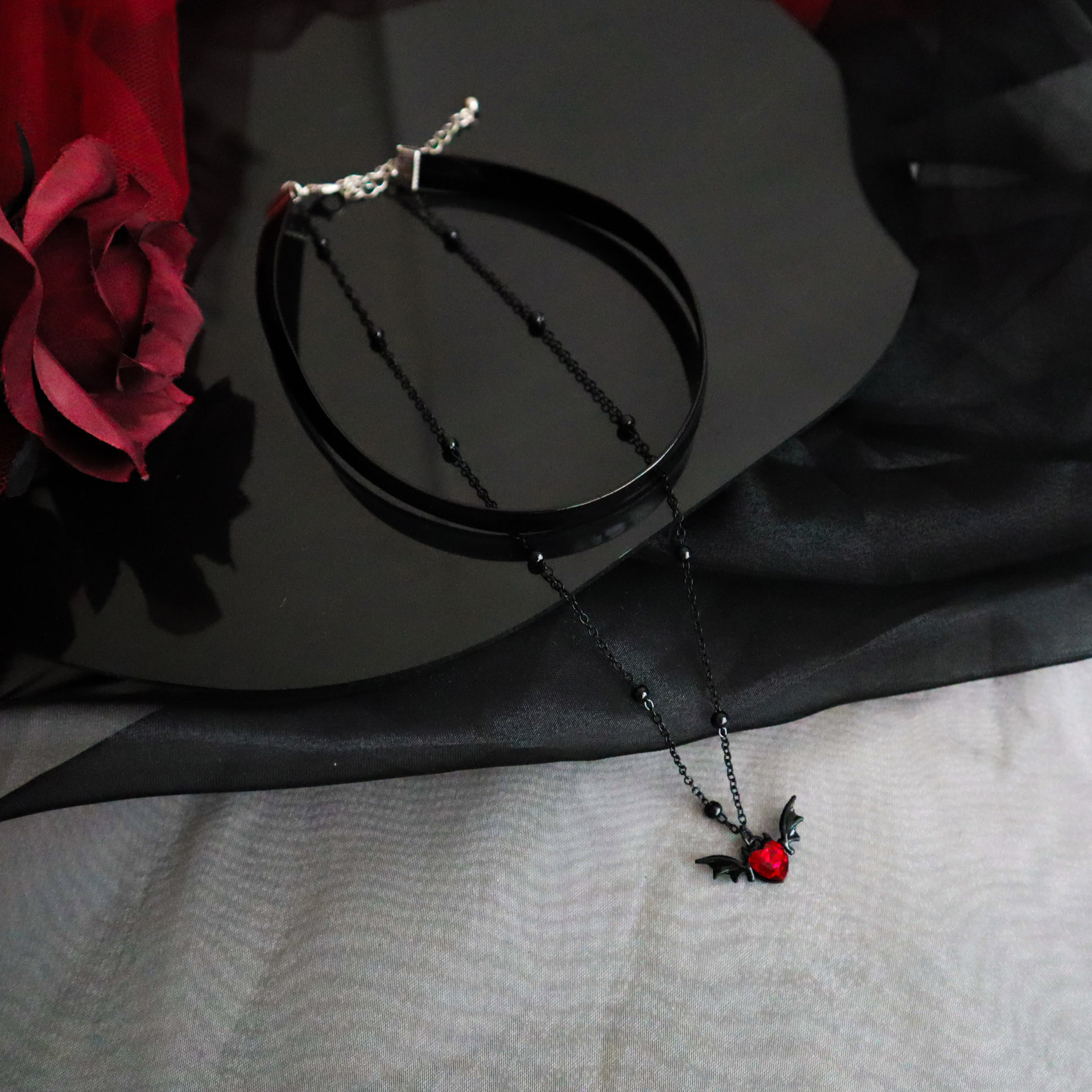 Black Bat Choker Necklace Halloween Double Layer Leather Chain_voghion.com