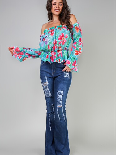Off Shoulder Blouse with Frill Trim Chiffon Blouse