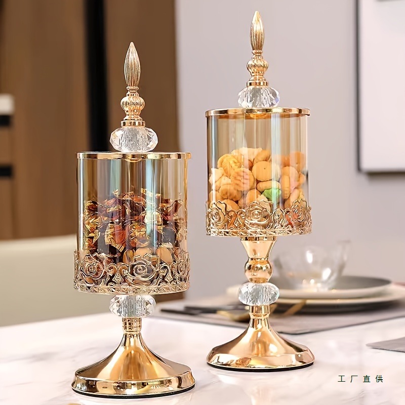 Light Luxury Crystal Glass Storage Jar with Lid European and American Style Living Room Coffee Table Lace Candy Jar Storage Decorative Ornaments