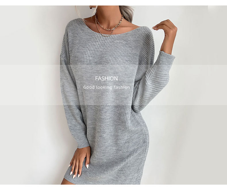 Herbstmode Damen lockerer grauer langärmeliger langer Pulloverrock_voghion.com