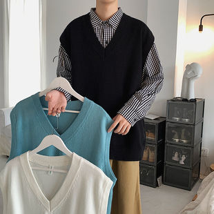 Knitted Sweater Vest Men's Trendy Brand Fashion Autumn and Winter Harajuku Style Inner Waistcoat V-neck Sleeveless Sweater Vest Spring and Autumn
