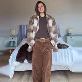 跨境复古秋冬美拉德棕白格纹翻领毛呢夹克美式休闲外套