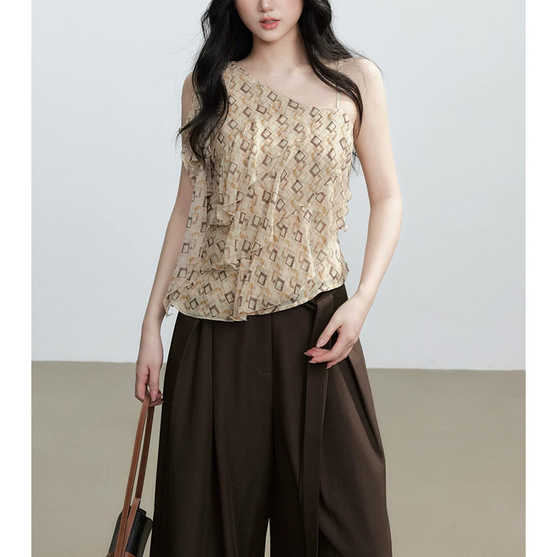 New Design Summer Commuter Style Printed Ruffled One-Shoulder Sleeveless Vest Top for Women, Versatile for Outerwear or Layering