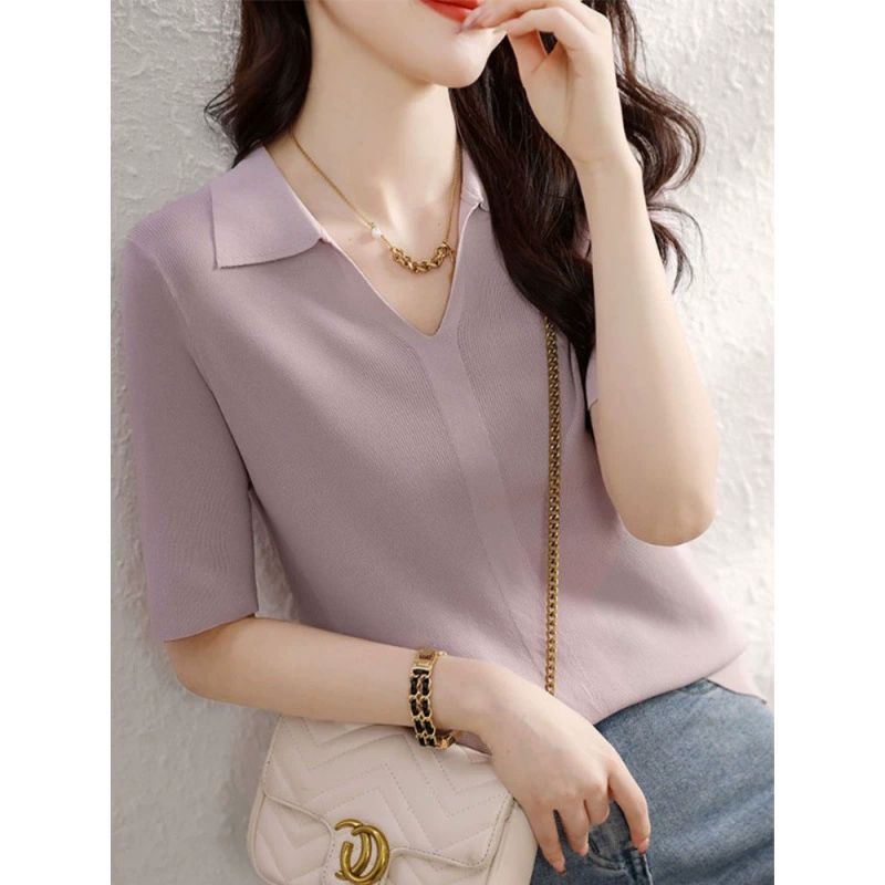 Фиолетовый вязаный свитер из ледяного шелка с лацканами, футболка с короткими рукавами, женский летний тонкий приталенный элегантный облегающий топ с коротким рукавом