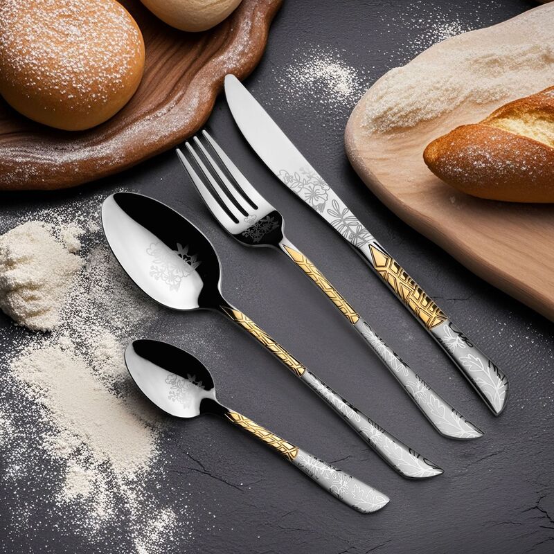 新商品のステンレスの金メッキのレーザーの模様の食器は一本の小さい量から洋食の食器のホテルの食器を予約します。|undefined