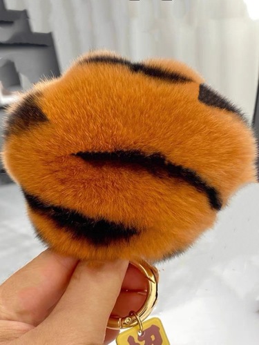 Real Rex Rabbit Fur Lucky Tiger Pattern Claw Car Keychain Pendant Cute Plush School Bag Pendant for Women
