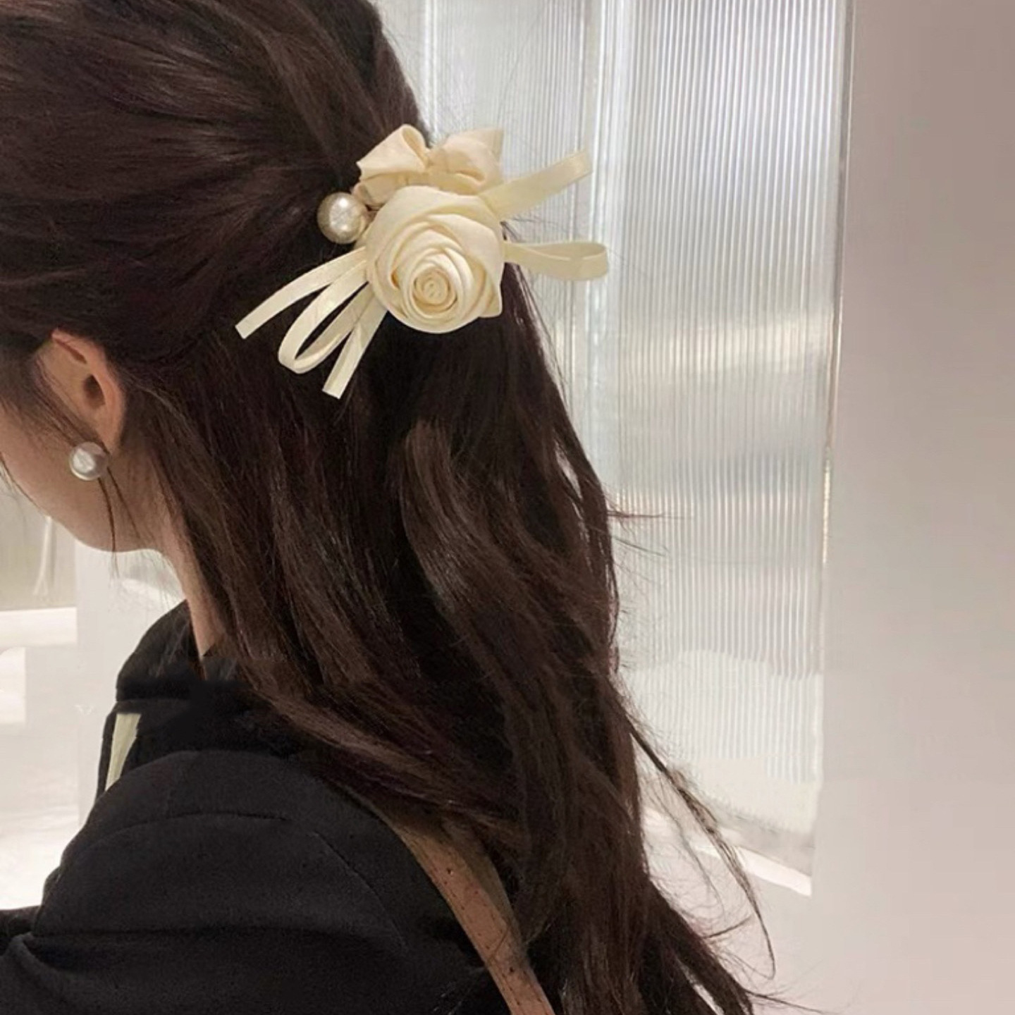 크림 장미 헤어 밴드! 새틴 꽃 활 머리 코드! 포니 테일 헤드 스트링 여성용 헤어 액세서리