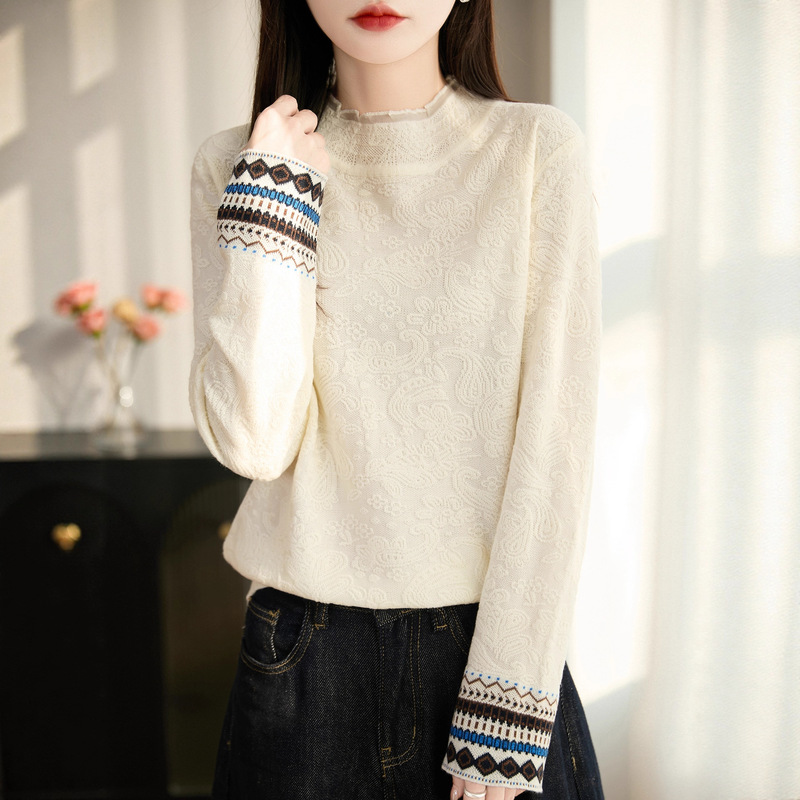 Lace Collar Knitwear Jacquard Cuff Detail French Exquisite Design Autumn and Winter Commuting Pullover Wholesale