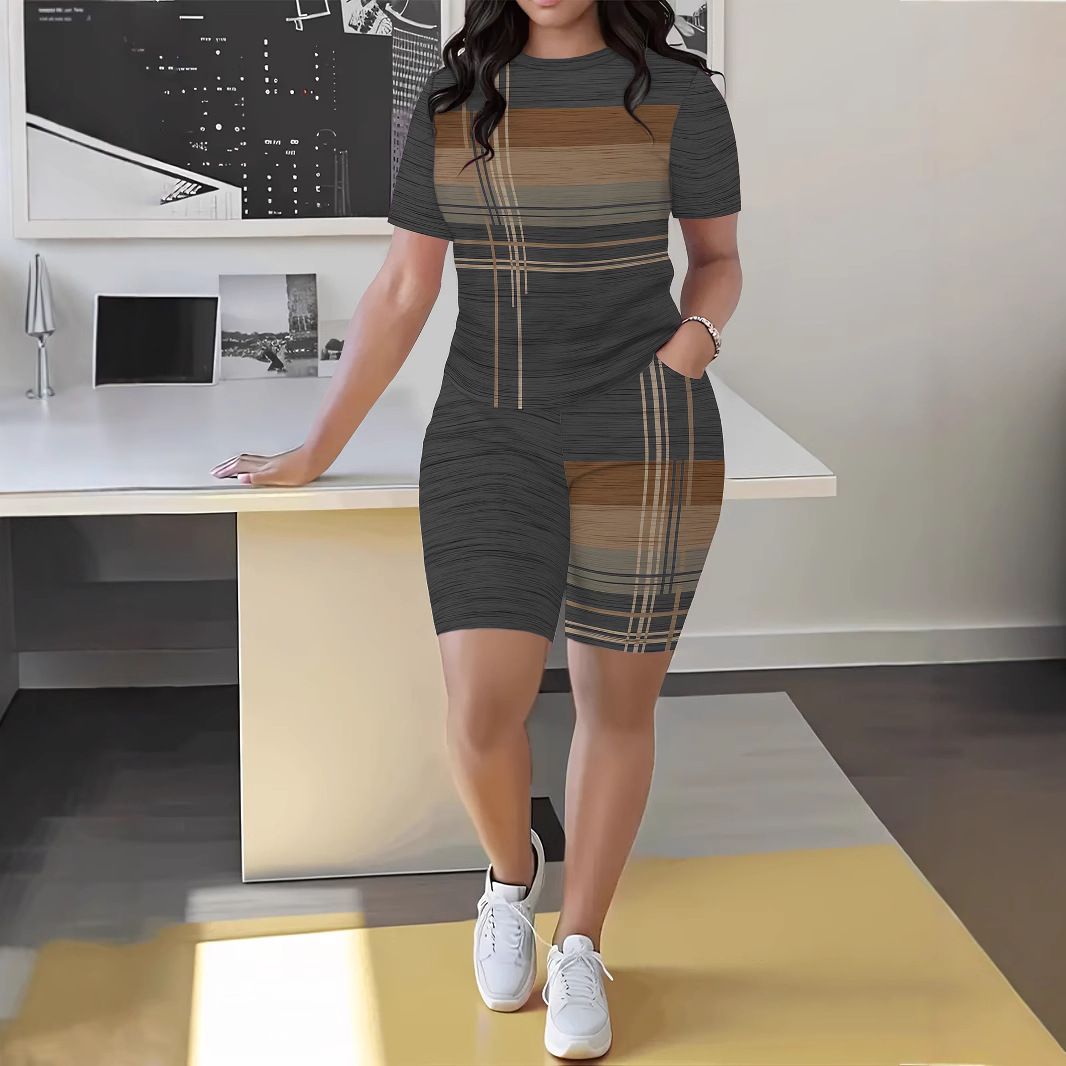 Women's Geometric Print Short Sleeve T-Shirt And Shorts Set - Comfortable Casual Summer Outfit Versatile Two-Piece Coordination_ecoleips.com
