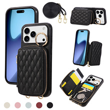 适用iphone17pro斜挎拉链卡包手机壳17钱包支架手机套女士背带壳