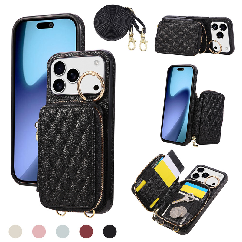 Suitable for Iphone17Pro Crossbody Zipper Card Holder Mobile Phone Case 17 Wallet Holder Mobile Phone Case Women's Strap Case