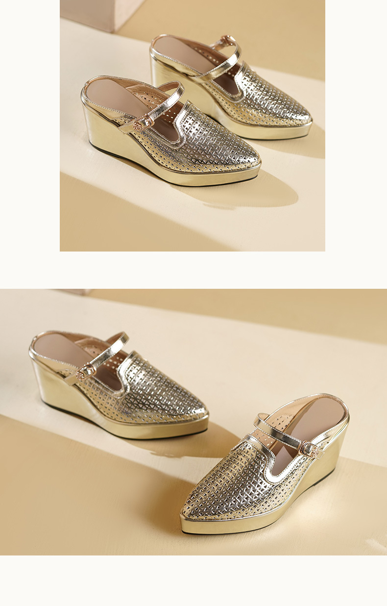 Sandal nữ mũi nhọn gót xuồng cao 9 cm, đế platform 5 cm, quai hở mũi, phong cách dáng lười — màu vàng, bạc chi tiết 6