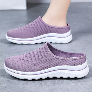 Women's Shoes New Summer Slip-On Slippers for Outer Wear Fly-Woven Breathable Toe-Toe Half-Slip Soft Sole Lightweight Casual Shoes Wholesale
