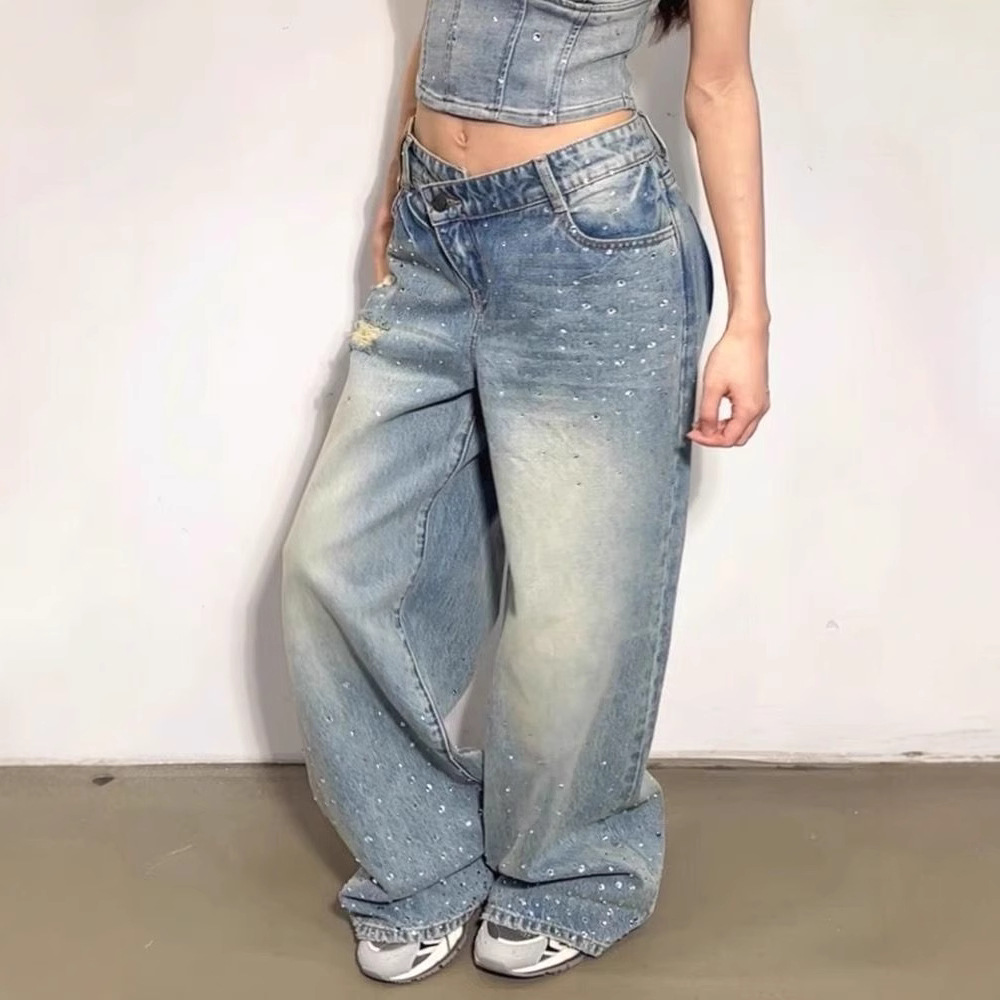 American Retro Washed Rhinestone Ripped Jeans For Women Hot Girl Design Deconstructed Dislocation Stitching Floor Length Trousers_mkmklike.com
