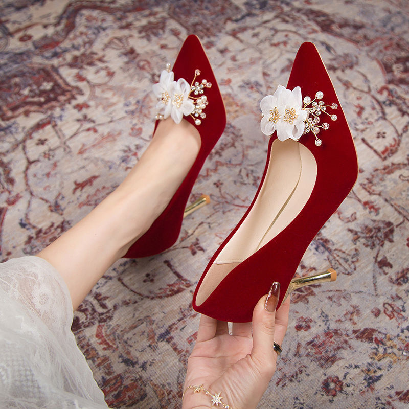 French high heels wedding shoes 2024 New rhinestone flower stiletto heel purplish red toast clothing Xiuhe dress wedding shoes