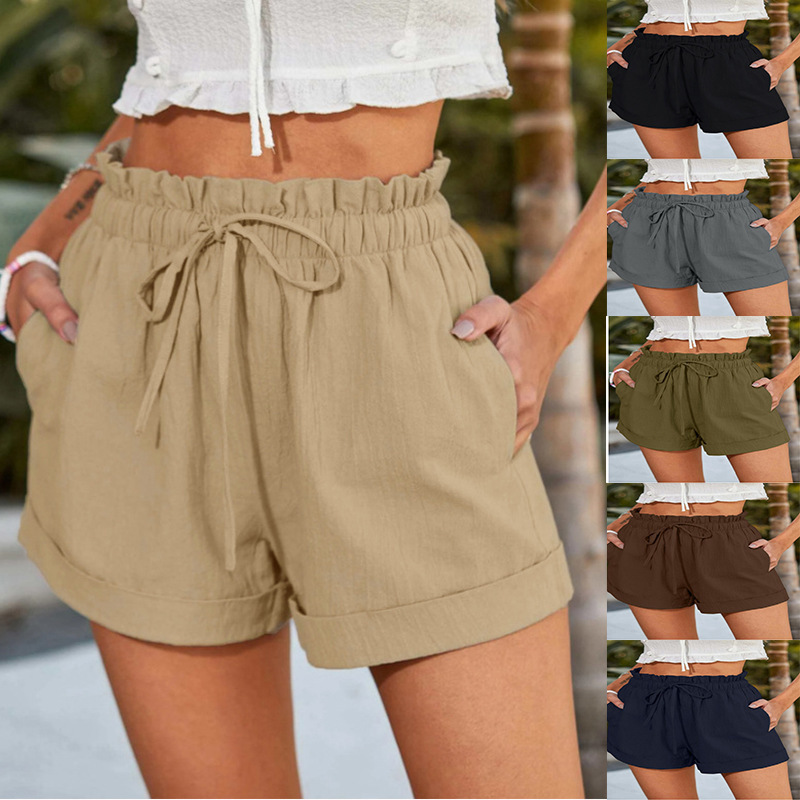 2025 New Women's Flower-Waist Shorts with Drawstring Elastic Waist, Rolled Edges, Lightweight and Breathable Vacation Style Casual Shorts