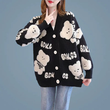 卡通小熊毛衣外套女秋冬2025新款韩版宽松慵懒风外穿洋气针织开衫
