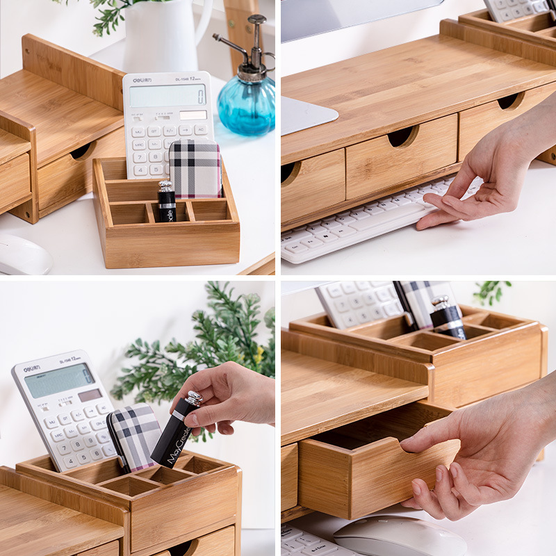 Soporte Elevador para Monitor con Cajones de Bambú para Oficina