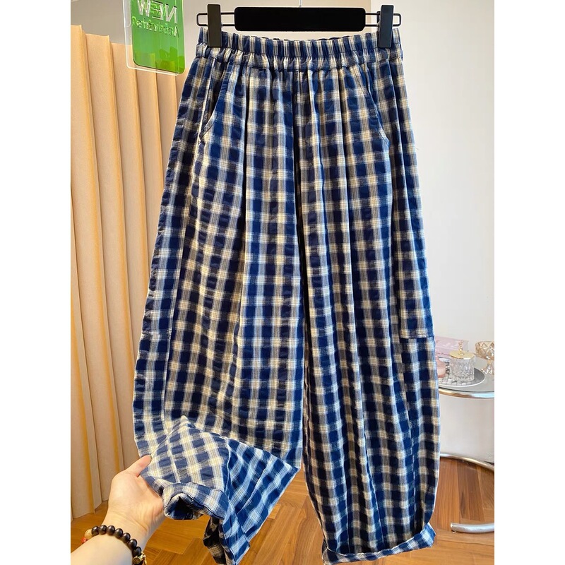 [Fat Girl] Summer New Large Size Retro Plaid Harem Nine-Point Pants for Women, Loose Slimming Look Casual Wide-Leg Pants